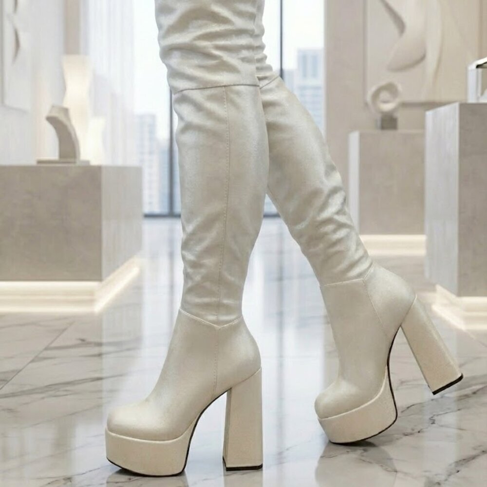 NWT Bamboo White Thigh High Platform Boots 5" Chunky Block Heel Retro GoGo Y2K - Picture 3 of 5